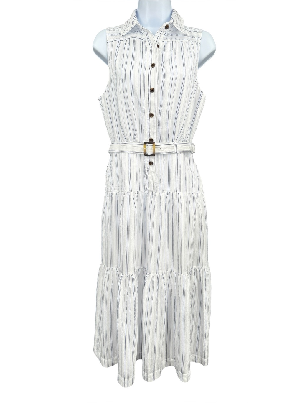Ann Taylor White&Blue Striped Tiered Sleeveless Belted Dress Size 4
